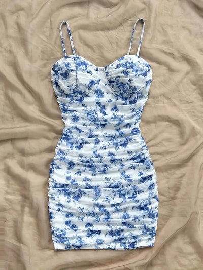 French Floral Slip Dress for Women Spring Summer Fashion Sexy Temperament Backless Mini Dresses Vacation Style Sling Beach Skirt