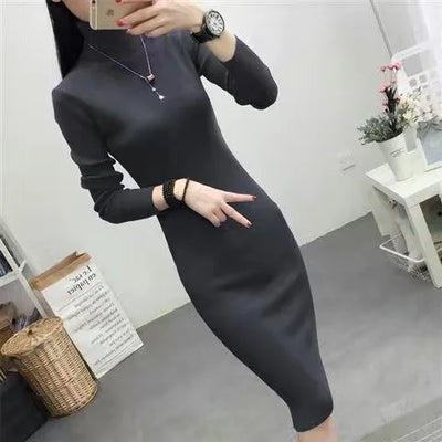 Fall Winter Turtleneck Slim Knit Dresses Women Casual Elegant Sweater Dress Korean Mid-length Soft Knitwear Vestidos Bottom Robe