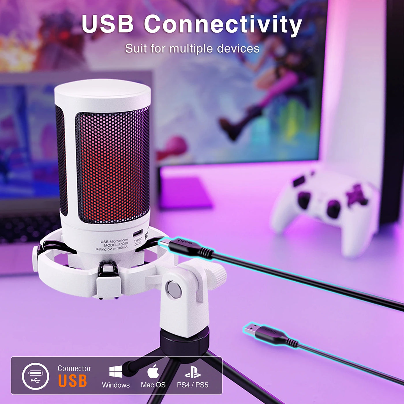 AmpliGame USB Gaming Microphone with Quick Mute,RGB Condenser Mic with Tripod for PC,PS5,Laptop Streaming Podcasting -A2W White