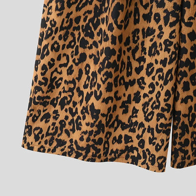 Men Wide Leg Pants Leopard Printing Drawstring Joggers Casual Trousers Men Streetwear 2025 Oversize Pleated Long Pants INCERUN