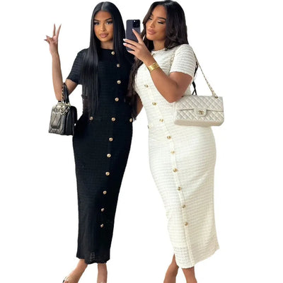 Knitted Dress Single Breasted Short Sleeve Women Dresses Solid Sexy Slim Fit Wrap Buttocks Spliced Buttons Ankle Length