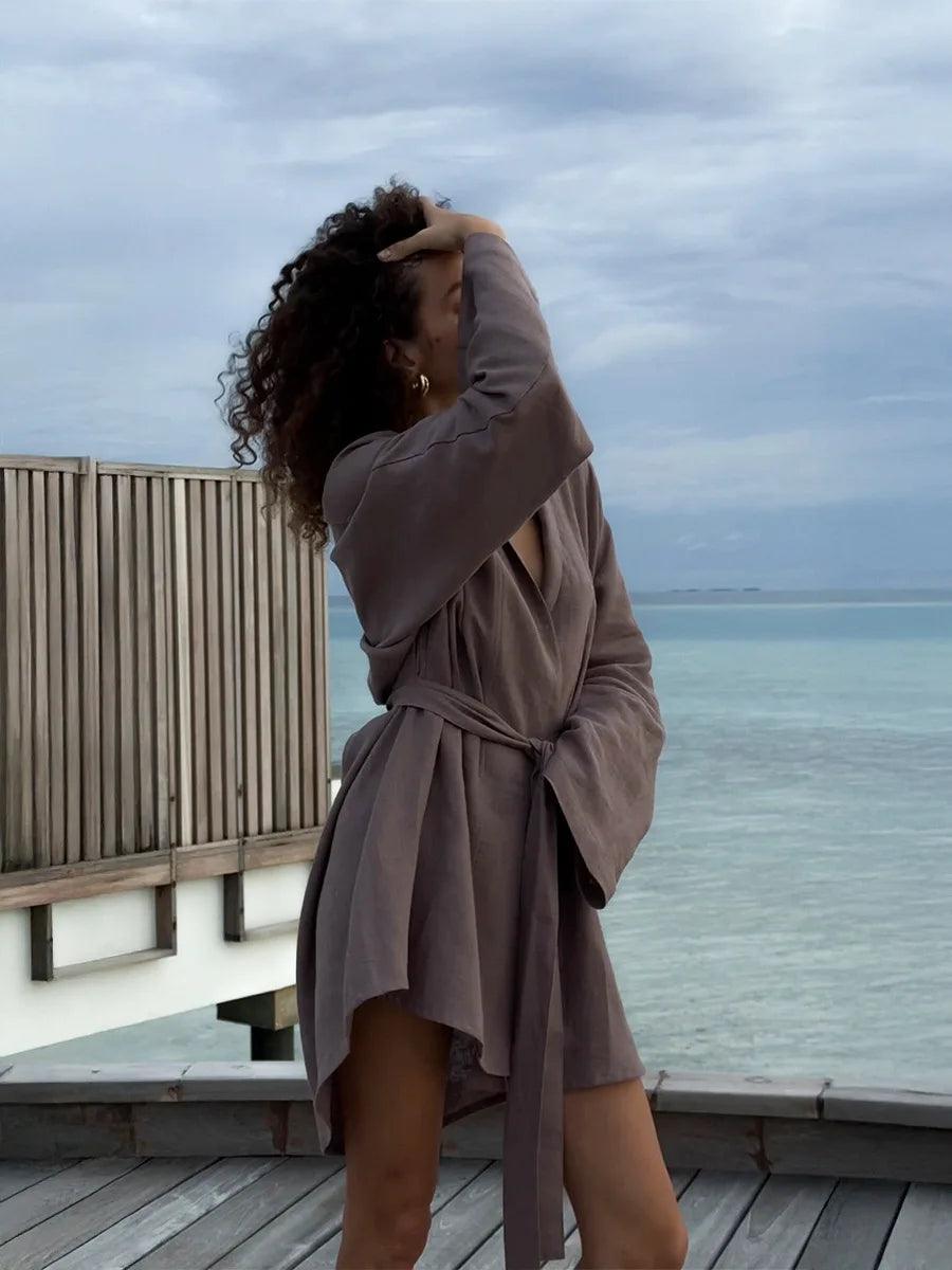 Elegant cotton linen v-neck beach dress 2025 spring and summer women fashion soft comfortable loose lace vacation casual