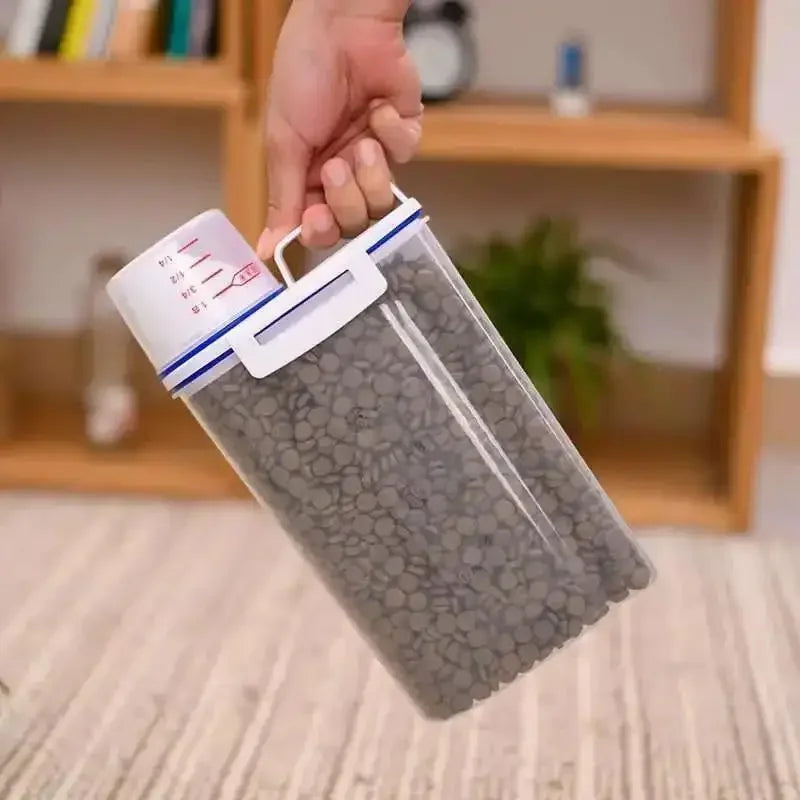 Pet Food Storage Container with Measuring Cup Handle Airtight Waterproof Pet Food Storage Dispenser Portable Buckets Feeder