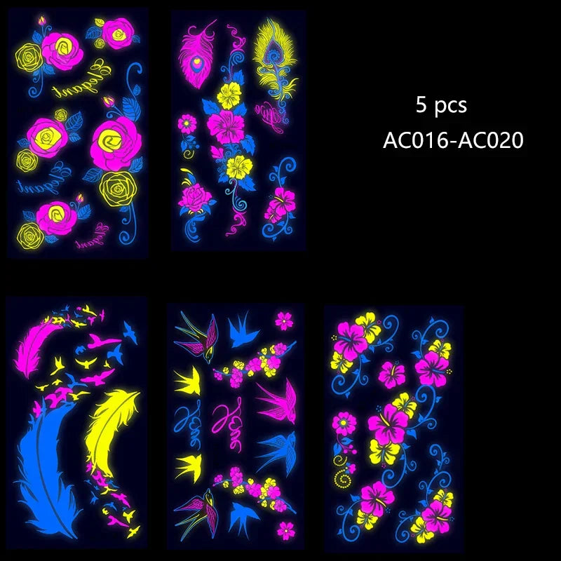 Temporary Fluorescent Tattoos Flower Feather Animals Pattern Body Arm Leg Face Stickers Night Bar Party Music Festival