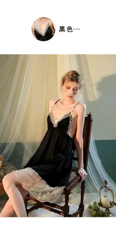 Comfortable and soft women's home wear, backless pajamas, halter dresses, lace nightgowns, French elegance