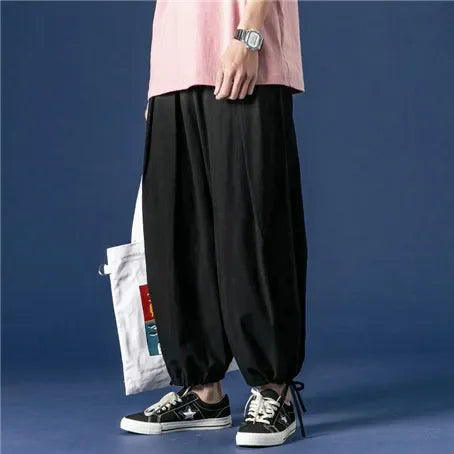 Wide leg Pants Men Streetwear Baggy Loose Pants M-8XL Plus size Ankle length Trousers cotton linen pants Black white khaki