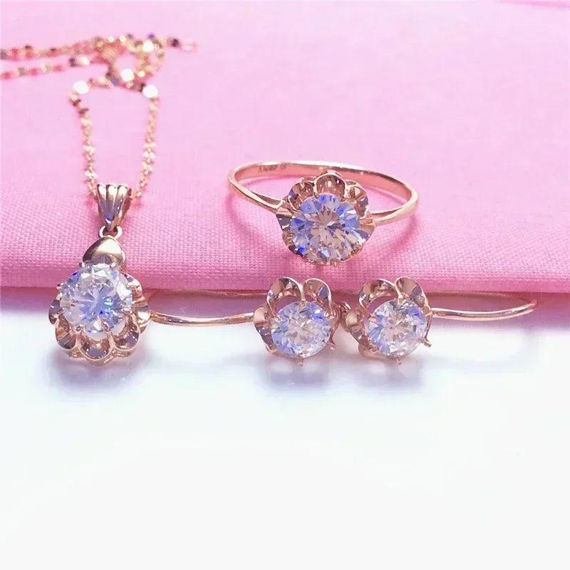White shiny flower jewelry set plated rose gold earrings for women charms rings necklace elegant light luxury necklaces