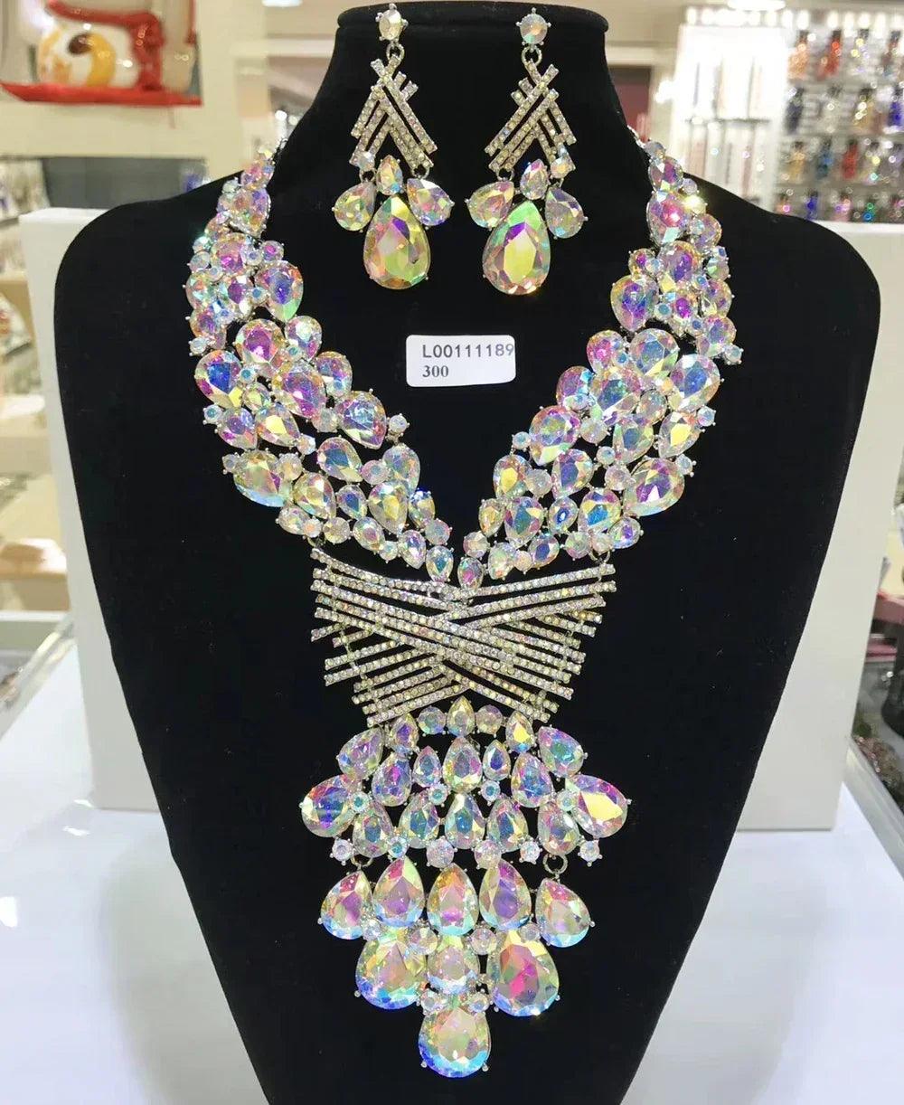 Women luxury necklaces set wedding delicate fashion jewelery crystal rhinestone earrings jewelry sets