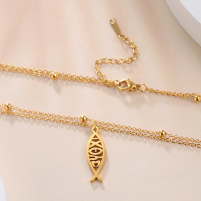 Jeshayuan Christian Jesus Fish Pendant Necklaces For Women Double Layer Stainless Greek ΙΧΘΥΣ Christian Religious Gift