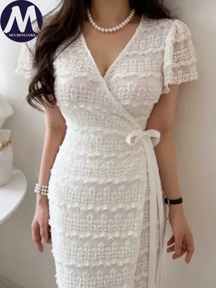 Elegant Sexy Crochet Flower Short Sleeve V Neck Dress, Slim Fit High Waisted Lace Up Dress for Women