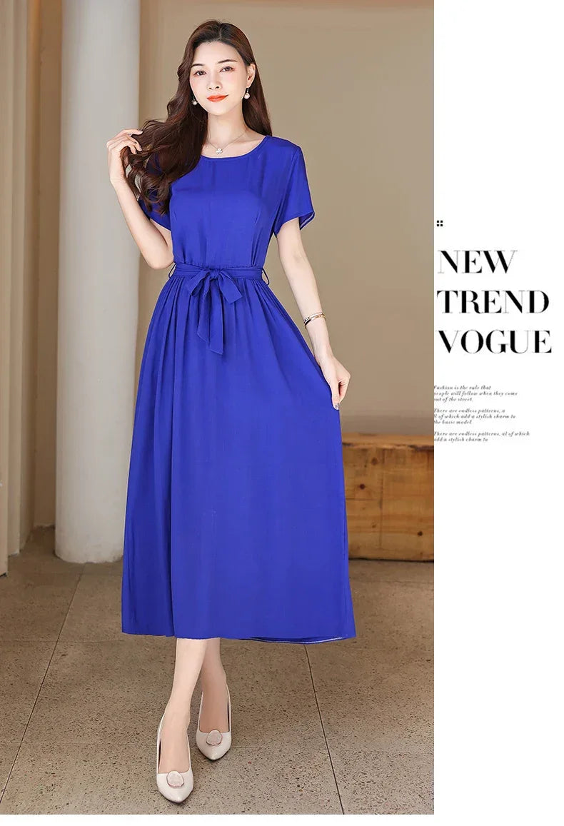 New Fashion Summer Dresses For Women 2025 Elegant Casual Short Sleeve Midi Dress Soild Colour Women Clothing