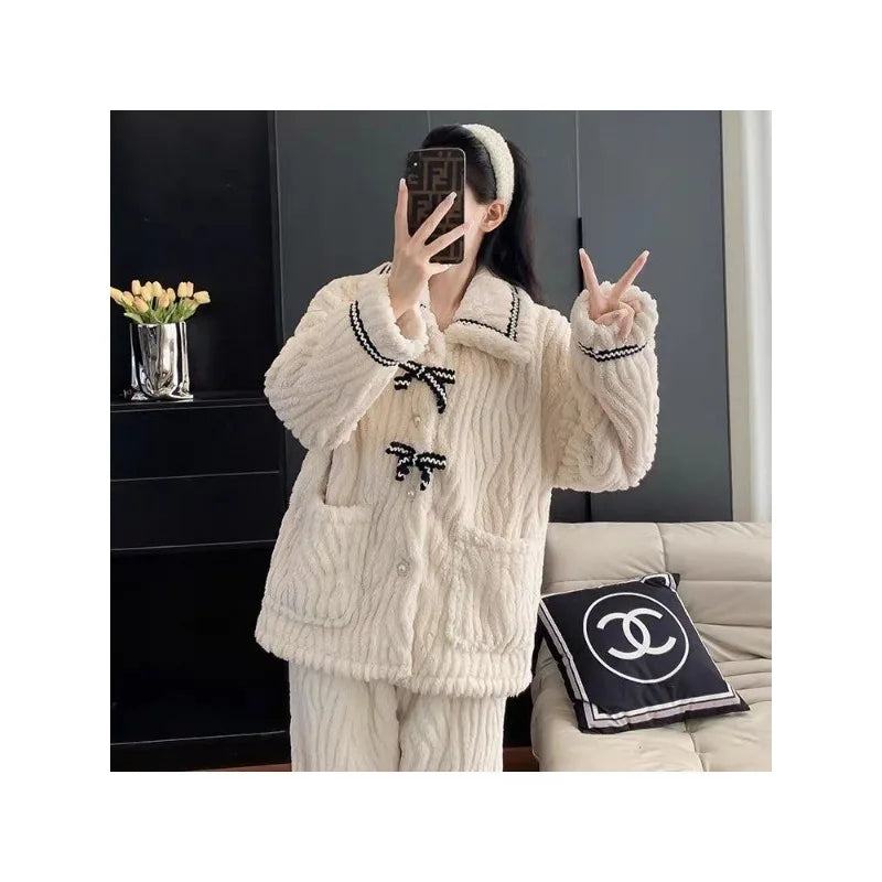 Women Fall Winter 2/pce Set Pajamas Flannel Loungewear Women Coral Thickened Fleece Sweet Princess Style Thermal Clothes Pajama