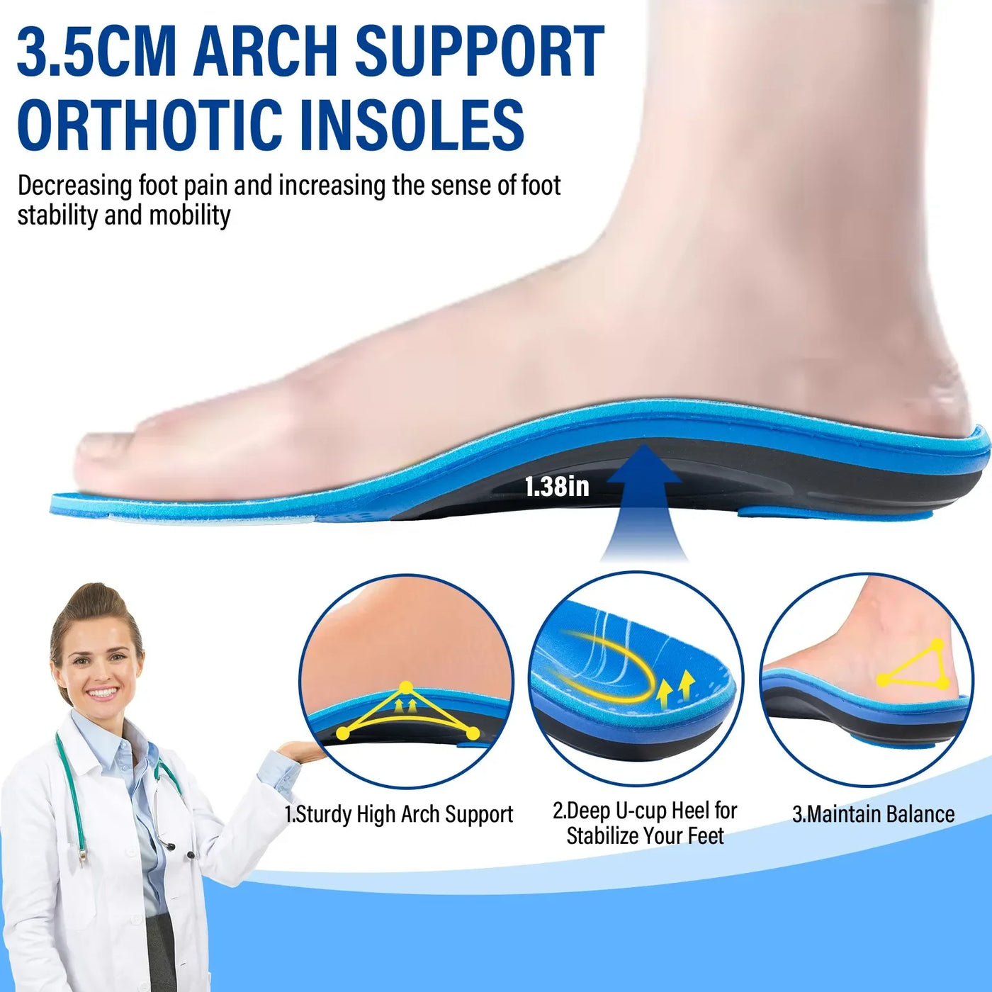 Flat Feet Insoles, Arch Support with Deep Heel Cup & Shock Absorption - Relieve Plantar Fasciitis, Pronation, Ankle Pain