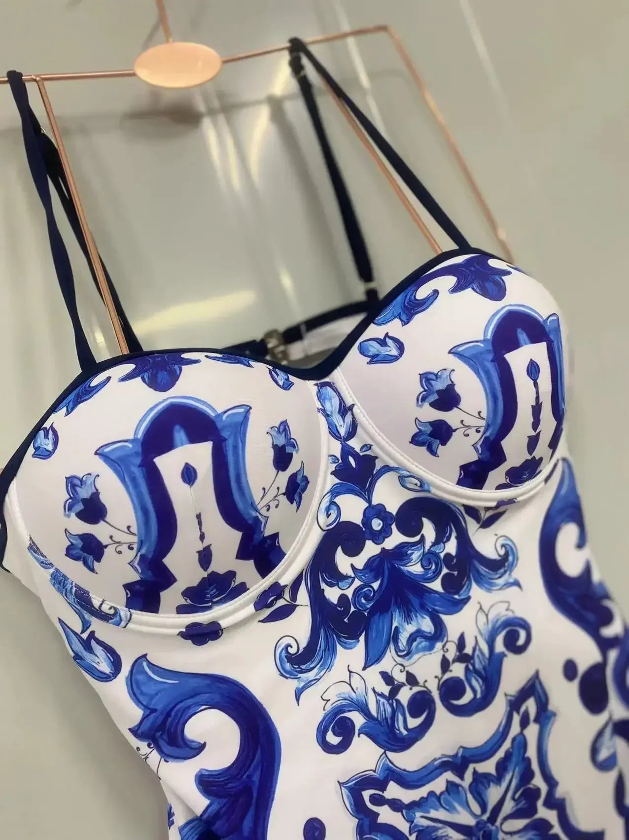 Fashion Design Women's Swimsuit Designer Brand Blue White Porcelain One-piece Beach Swimwear