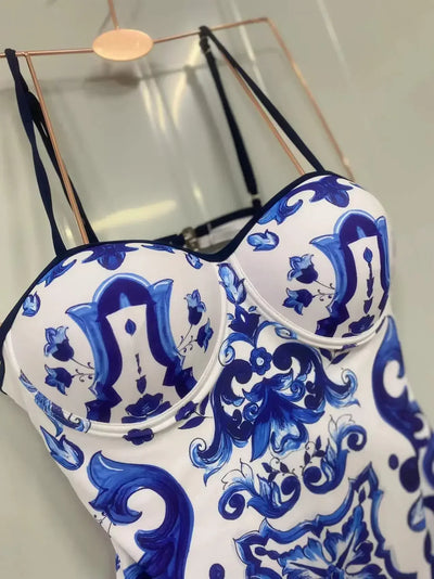 Fashion Design Women's Swimsuit Designer Brand Blue White Porcelain One-piece Beach Swimwear