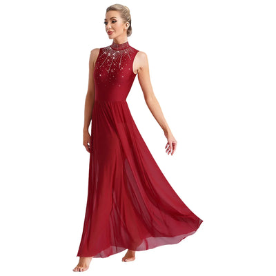 Women Lyrical Contemporary Ballroom Modern Dance Costume Dancing Prom Gown Side Split Maxi Dress for Ballet Gymnastics Skating