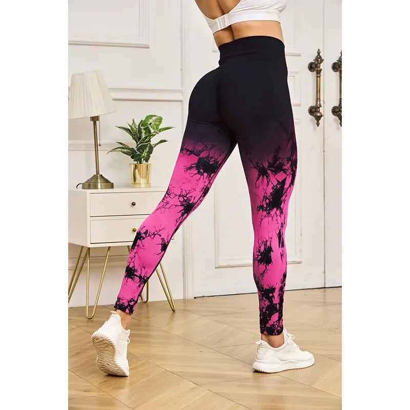 Women Tie Dye Sports Yoga Leggings High Waist Fitness Leggings Gym Workout Running Hip Liftting Gradient Knitting Tights