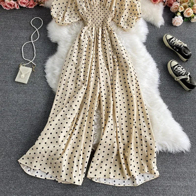 V Neck Sexy Dolman Sleeves Waist Slim Polka Dot Print Jumpsuit Women Wide Leg Trousers Jumpsuit