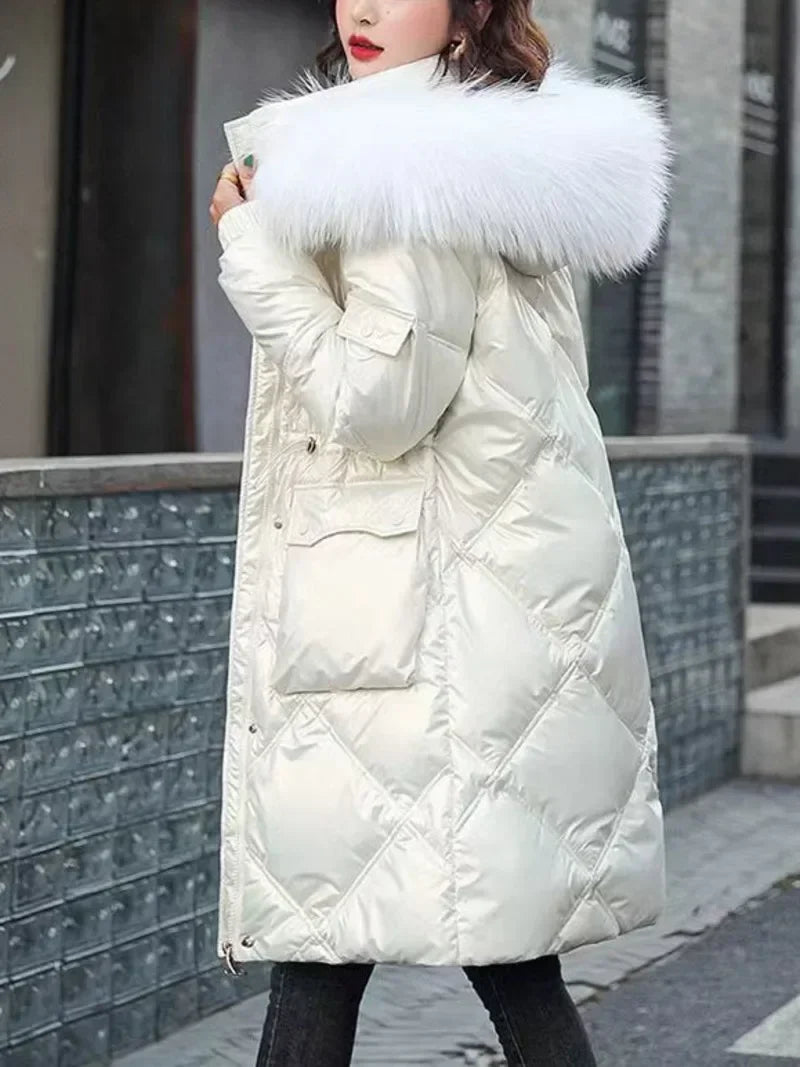 2025 Autumn Winter Hooded Fur Collar Long Parkas Mujer Thick Warm Down Cotton Padded Jacket Women Casual Hoodies Coat Female