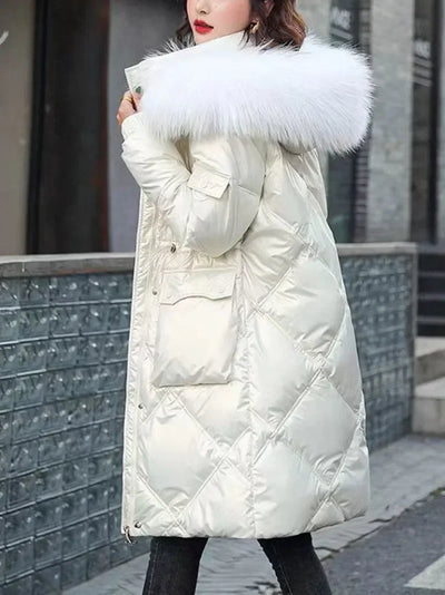 2025 Autumn Winter Hooded Fur Collar Long Parkas Mujer Thick Warm Down Cotton Padded Jacket Women Casual Hoodies Coat Female