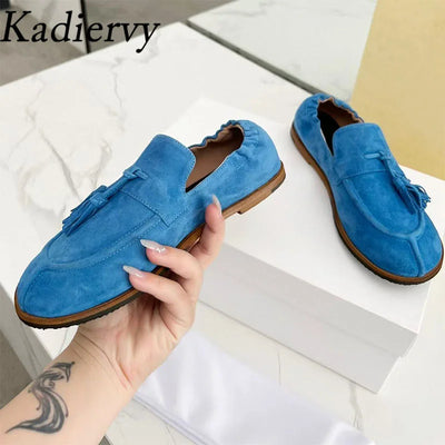 Suede Leather Loafers Woman Fringe Decor Casual Shoes Round Toe Slip-on Daily Lightweight Office & Career Flat Shoes Women