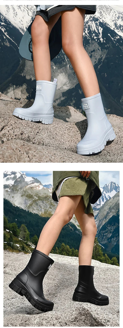 Women Waterproof Boots New Style Elastic Mouth Ankle Boots Mid Top Rain Shoes Non Slip Outdoor Indoor Chelsea Water Boot Woman