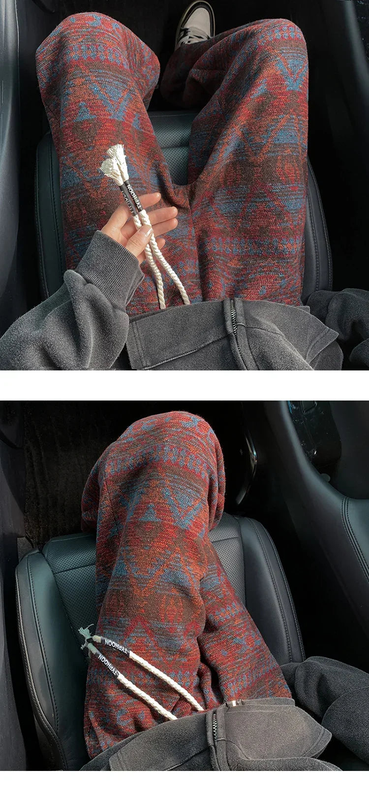 Wide leg pants Men's Vintage Geometric Knitted jacquard pants Casual Straight  Pants Ethnic Tribal Style Winter Trousers man