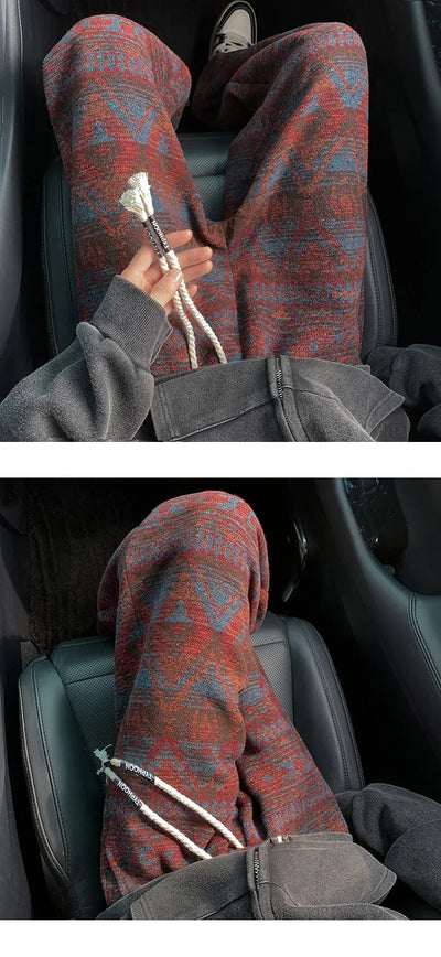 Wide leg pants Men's Vintage Geometric Knitted jacquard pants Casual Straight  Pants Ethnic Tribal Style Winter Trousers man