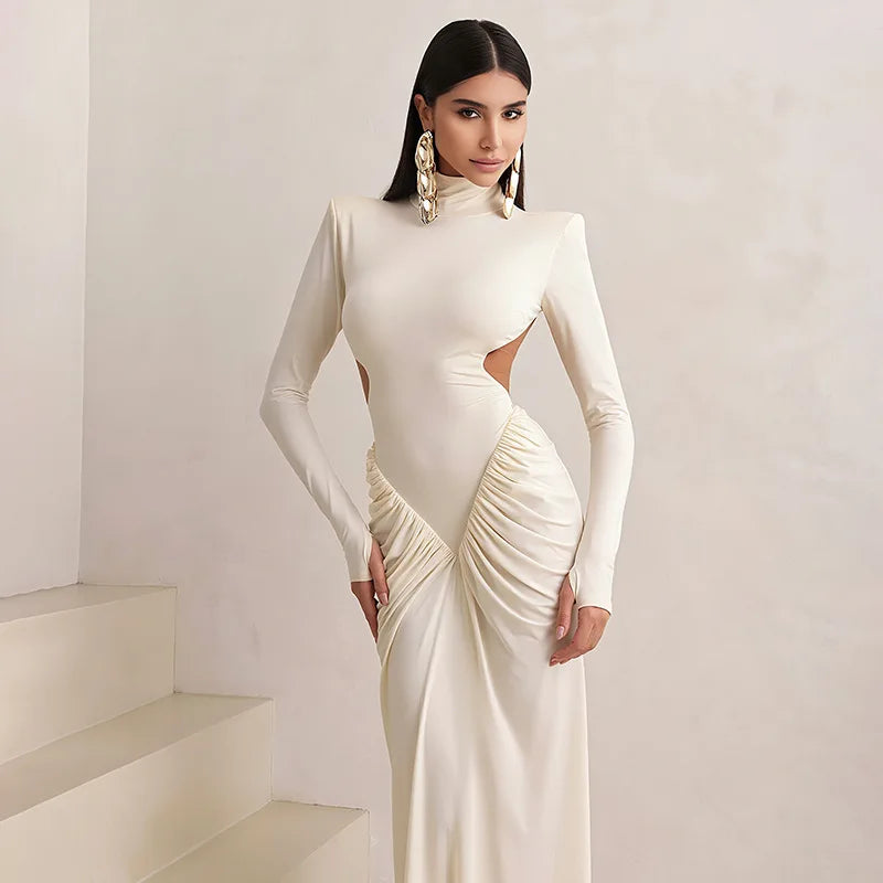 Autumn Winter Turtleneck Dress for Women Sexy Backless Slim Maxi Evening Party Dresses Fashion Ruched Long Sleeve Dress 2025