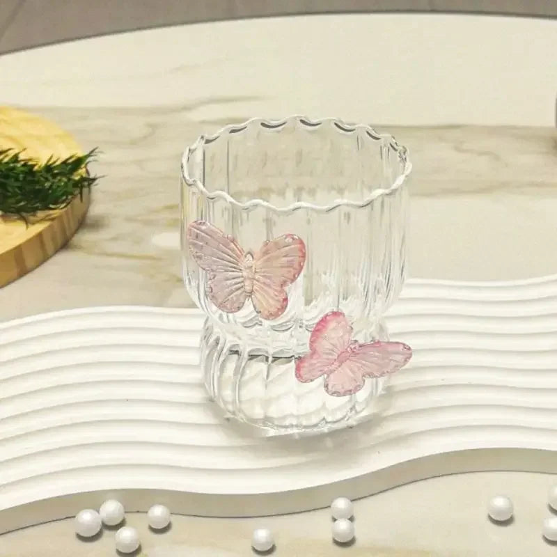 400ML Glass Cup with Lid and Straw, Butterfly Design Round Glass Drinkware, Multipurpose for Coffee, Milk, Cold Drinks, Juice