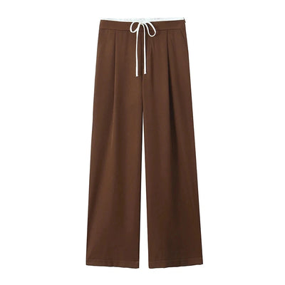 Women's Double Waistband Wide Leg Pants, High Elastic Waist With Drawstring, Side Pockets, Female Trousers, Chic Fashion