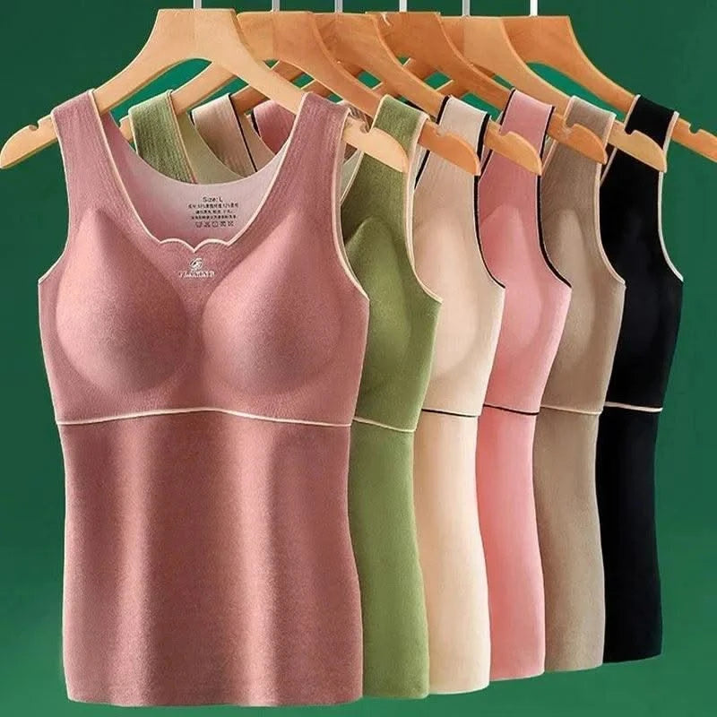 Thermal Underwear Velvet Vest Winter Women’s Solid Bottom with Chest Pad Camisole Slim Warm Sling Vest Female Thermal Underwear