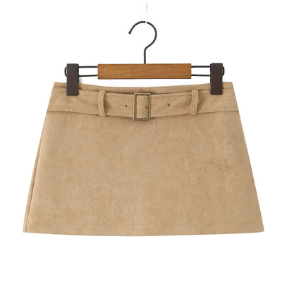 2025 Autumn Y2K Faux Suede Belt Low Waist Mini Skirt With short lining Sexy A-line Package Hips Mini Short Skater Party Femme