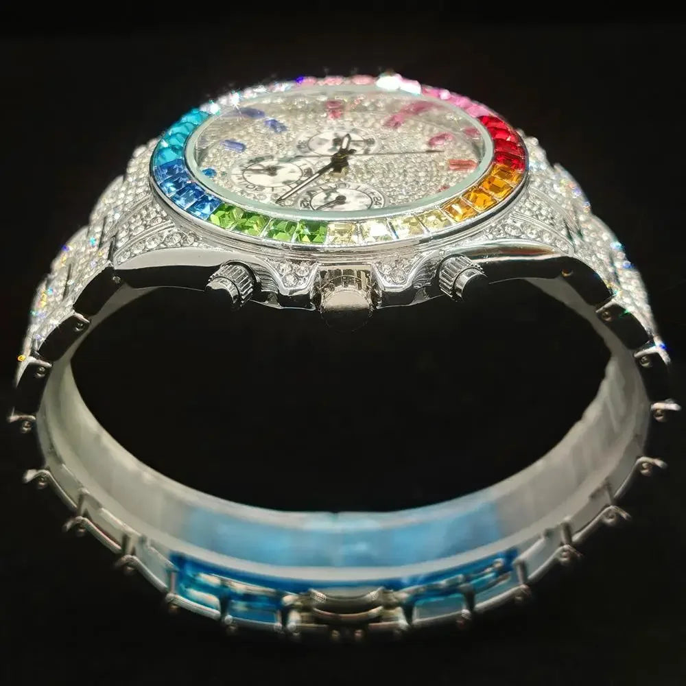 2025 Top Luxury Watch For Men Fashion Ice Diamond Hip Hop Rainbow Diamond Multifunction Man Quartz Wristwatch Gift Dropshipping
