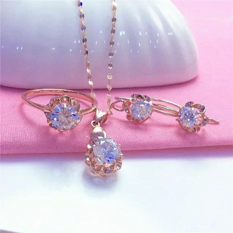 White shiny flower jewelry set plated rose gold earrings for women charms rings necklace elegant light luxury necklaces