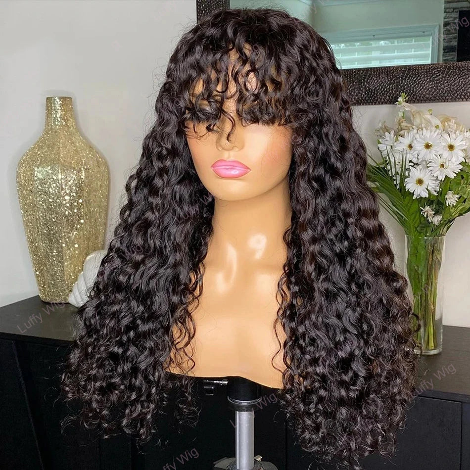 Long Curly Wig with Bangs Human Hair Full Machine Made Wear and Go Glueless Wig Water Wave Wigs with Bangs for Black Women 180%