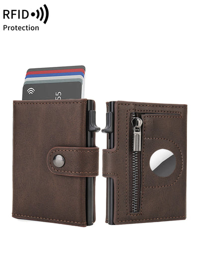 Brown RFID-blocking leather wallet with zipper, card slots and AirTag holder