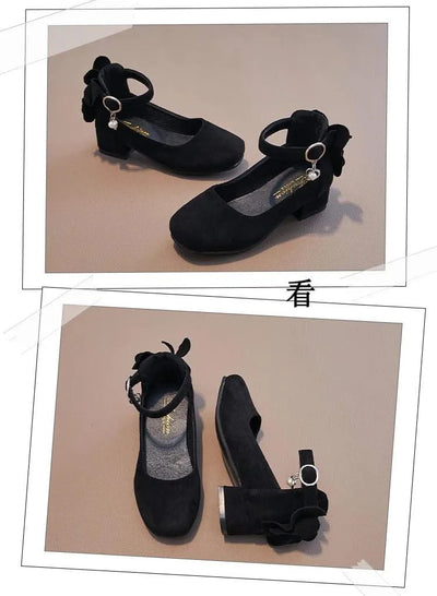 Kids Velvet Black, Pink, Red Leather High Heeled Shoes 3-15T | Girl's Princess Shoes For Party, Wedding, Dance | Children's Fashion