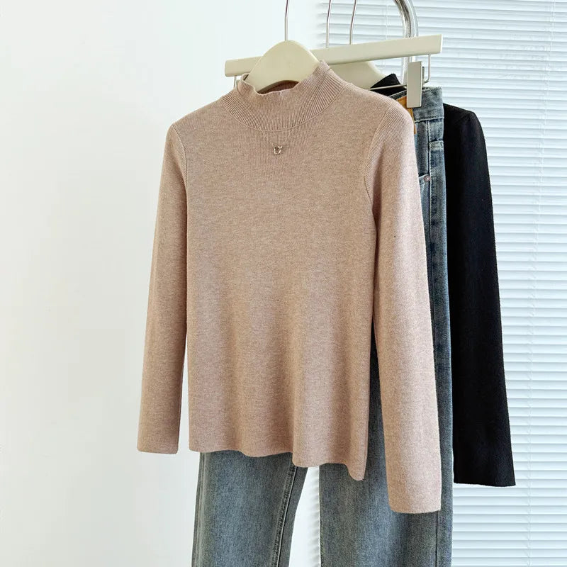 Sweaters Autumn Women Mock Neck Ruffles Sweater Long Sleeve Knitted Bottoming Solid Pullovers Jumpers Casual Sweater Winter