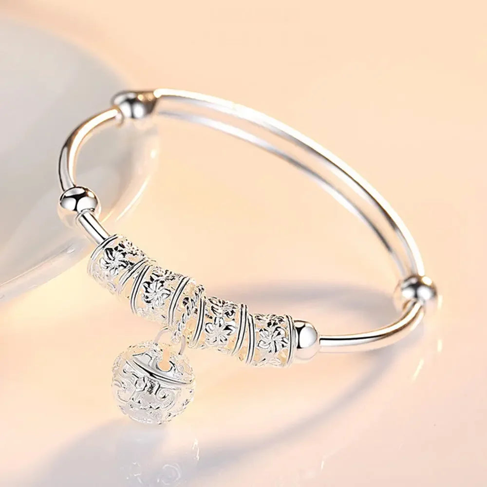 Fine Silver Color Hollow Bells Ball Bangles Adjustable Bracelets for Women Fashion Holiday Gifts Party Wedding Jewelry
