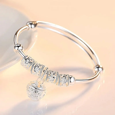 Fine Silver Color Hollow Bells Ball Bangles Adjustable Bracelets for Women Fashion Holiday Gifts Party Wedding Jewelry
