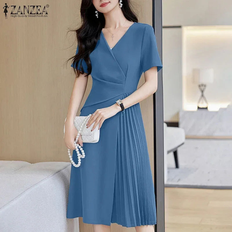 Summer Women Elegant OL Work Sundress V Nek Party Dress 2024 ZANZEA Fashion Short Sleeve Robe Femme Solid Pleated Midi Vestidos