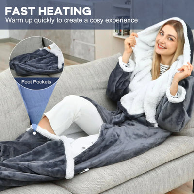 Heated Blanket with Sleeves Hood and Foot Pocket Flannel 10 Heating Levels Electric Wearable Blanket with 3 Time Settings