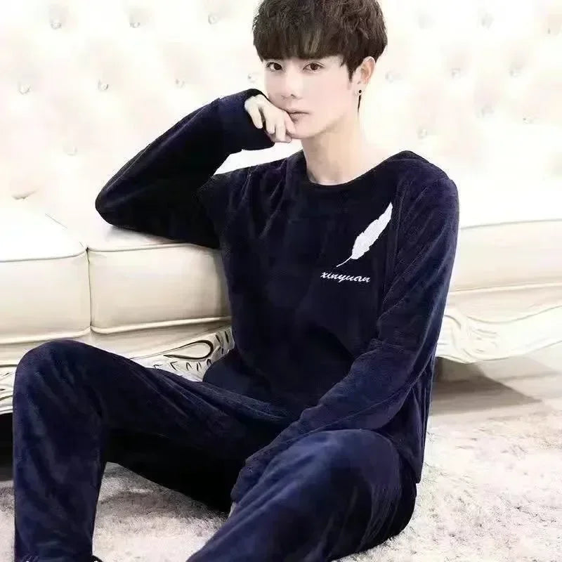 2025 Men's Autumn Winter Warm Flannel Pajama Sets Casual Soft Sleepwear Homewear 2PCS Sets Male Loose Coral Velvet Lounge Sets