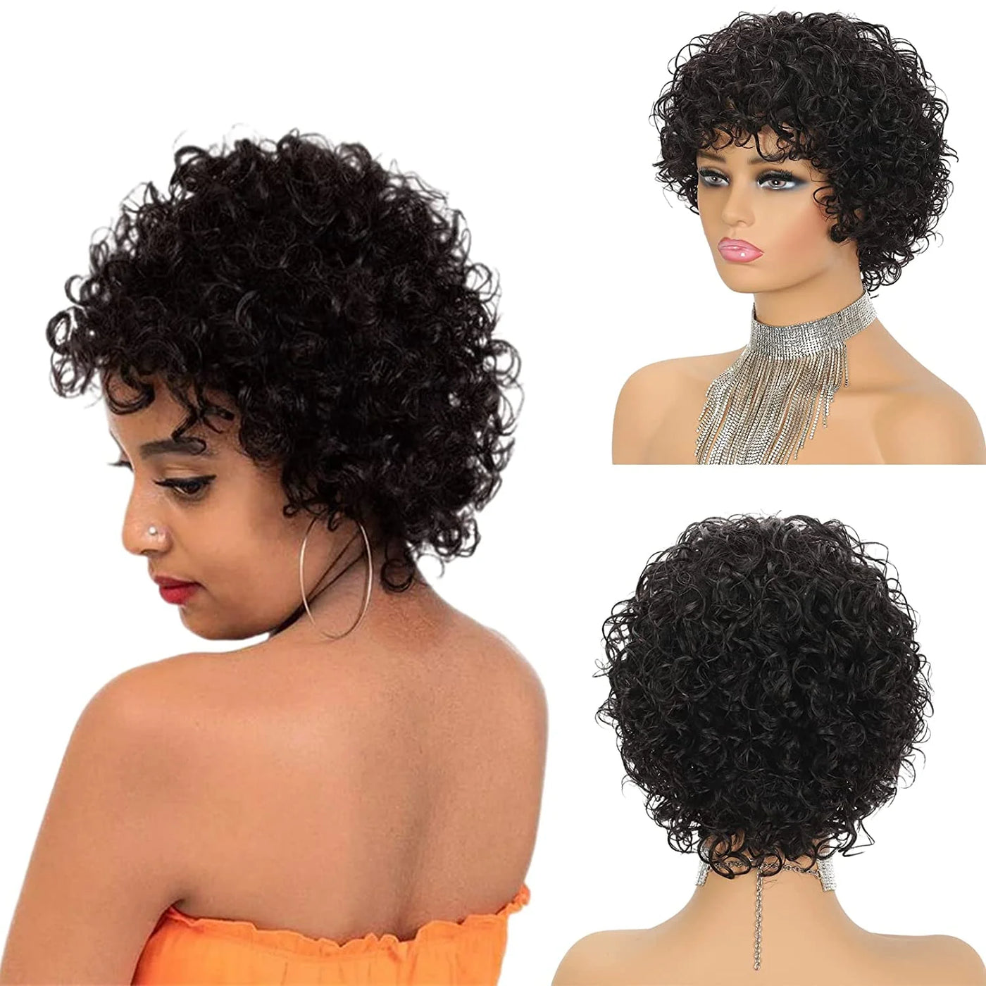Short Kinky Curly Human Hair Wig Afro Short Wigs Pixie Cut Wig Human Hair No Lace Front Natural Brazilian Hair Wigs For Women