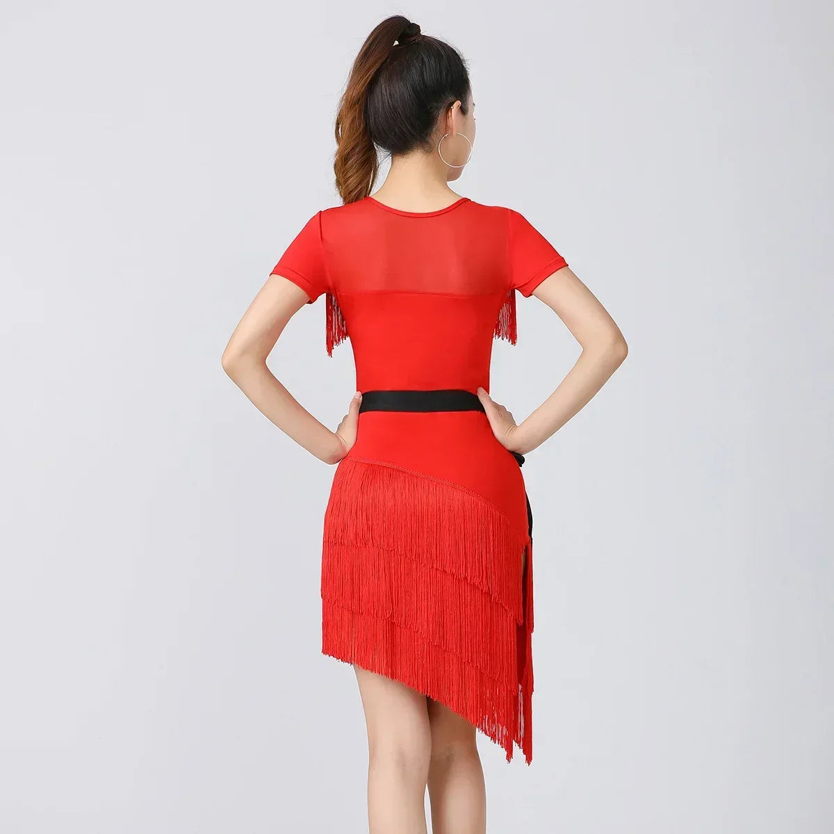 Women Latin Dance Outfit for Female Adults High End Slim Short Sleeve Tassel Split Dress Purple Red Sexy Practice Dance Clothing