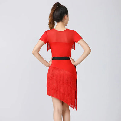 Women Latin Dance Outfit for Female Adults High End Slim Short Sleeve Tassel Split Dress Purple Red Sexy Practice Dance Clothing