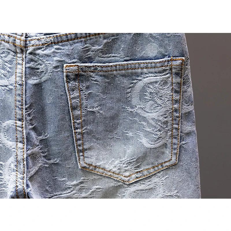 2024 New Men's Denim Shorts Fashion Printed Designer Jeans Personality High Street Straight Male Clothes Short Pants