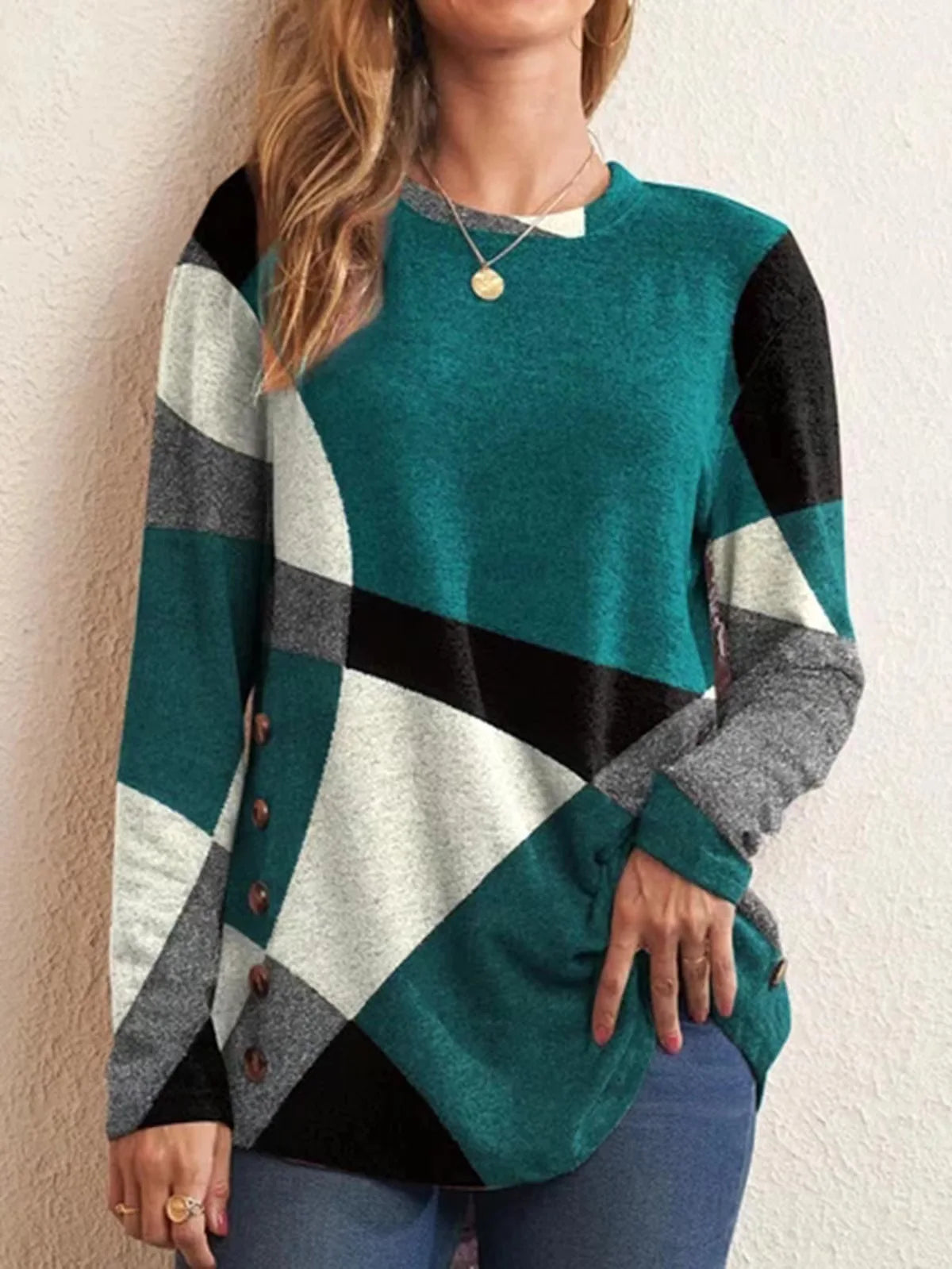 European and American Women Casual Color Block Long Sleeve Buttons Top Dressy Casual  Geometric Tunic Tops Crewneck T Shirts