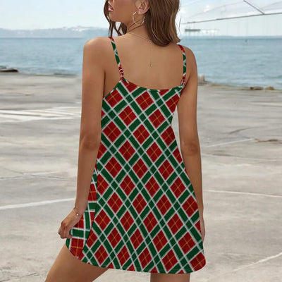 Women's Slip Dress, Red Green Tartan Plaid Print, Sleeveless, S-3XL Christmas Party